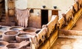 Leather dries in the sun after painting, tannery in the ancient Medina of Fes, Morocco Royalty Free Stock Photo