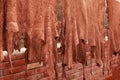 Leather drying on the ropes in old Tannery of Tetouan Medina. Royalty Free Stock Photo