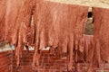 Leather drying on the ropes in old Tannery of Tetouan Medina. Northern Morocco Royalty Free Stock Photo