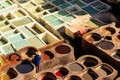 Leather dying in a traditional tannery in Fes, Morocco Royalty Free Stock Photo