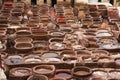 Leather dying in a traditional tannery, Fes, Morocco Royalty Free Stock Photo