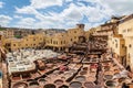 Leather dying in a traditional tannery in Fez, Morocco Royalty Free Stock Photo