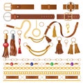 Leather elements. Fabric decoration for clothes luxury chains straps and embroidery braided details vector illustrations