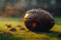 Leather football resting on the green playing field under sunlight