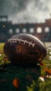 Leather football resting on the green playing field under sunlight