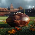 Leather football resting on the green playing field under sunlight