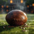 Leather football resting on the green playing field under sunlight