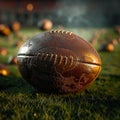 Leather football resting on the green playing field under sunlight