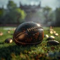 Leather football resting on the green playing field under sunlight