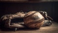 Leather glove catches ball, old fashioned baseball bat on infield plank generated by AI