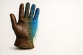 A leather glove that translates into digital code and pixels. Space for text. Royalty Free Stock Photo