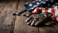 Leather Gloves and American Flag with Tools on Rustic Wooden Table Background Royalty Free Stock Photo
