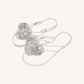 leather greek sandals with pom pom - summer accessories hand draw sketch vector.