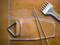 Leather Handmade Stitch Detail, Handcrafted Leather Goods, Hand Sewing and Stitching. Rustic Style. Close up on