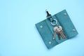Leather holder with keys on light blue background, top view. Space for text Royalty Free Stock Photo