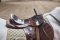 Leather horse saddle closeup. For the rider.