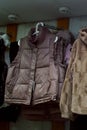 Leather Jackets on a mannequin in the store. Sheepskin coats.Fur coats are clothes for Royalty Free Stock Photo