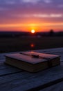 Leather Journal at Sunset on Wooden Table Royalty Free Stock Photo