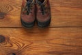 Leather kids boots on a wooden background top view with copy space Royalty Free Stock Photo