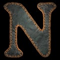 Leather letter N uppercase. 3D render font with skin texture isolated on black background.