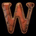 Leather letter W uppercase. 3D render font with skin texture isolated on black background.