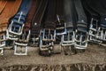 Leather man belts collection in the store. Royalty Free Stock Photo