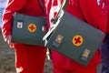 Leather medical bags with red crosses