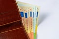 Leather men`s open wallet with euro banknotes bills. Royalty Free Stock Photo