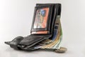 Leather men& x27;s open wallet with euro banknotes bills, coins and c Royalty Free Stock Photo