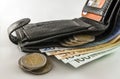 Leather men& x27;s open wallet with euro banknotes bills, coins and c Royalty Free Stock Photo