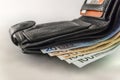 Leather men& x27;s open wallet with euro banknotes bills, coins and c Royalty Free Stock Photo