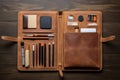 Leather open case with items for drawing. Generate Ai