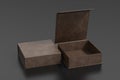 Leather opened and closed square folding gift box mock up on black background. Side view Royalty Free Stock Photo