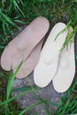 Leather orthopedic insoles on the grass. Healthy relax on nature