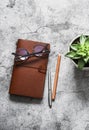 Leather personal organizer, pen, pencil, glasses and succulent flower on a gray table, top view Royalty Free Stock Photo