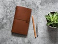 Leather personal organizer, pen, pencil and succulent flower on a gray table, top view. Business concept, copy space Royalty Free Stock Photo