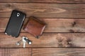 Leather purse, phone pouch and keys Royalty Free Stock Photo