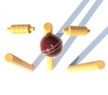 Leather red ball hitting a cricket goal 3d render illustration Royalty Free Stock Photo