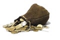 Leather sack full of coins Royalty Free Stock Photo