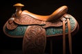 leather saddle with intricate tooling patterns