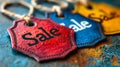 Leather sale tags in Electric blue, Carmine, and Magenta hues on table