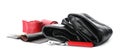Leather samples and craftsman tools isolated Royalty Free Stock Photo