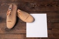 Leather samples for shoes and wooden shoe last on dark wooden table