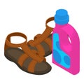 Leather sandal icon isometric vector. Brown leather sandal and washing agent