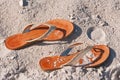 Leather Sandals On A Sandy, Tropical Beach