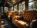 Leather seats inside a train car with windows, grandiose interiors, and sunlight shining through windows. Generative AI