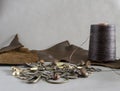 Leather sewing notions, leather thread and leather Royalty Free Stock Photo