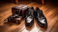 Leather Shoes and Shoeshine Accessories on Wooden Floor