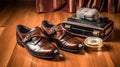 Leather Shoes and Shoeshine Accessories on Wooden Floor