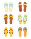 Leather and silicone summer slippers vector set. Women`s beach slippers and flip flops in flat style isolated on white Royalty Free Stock Photo